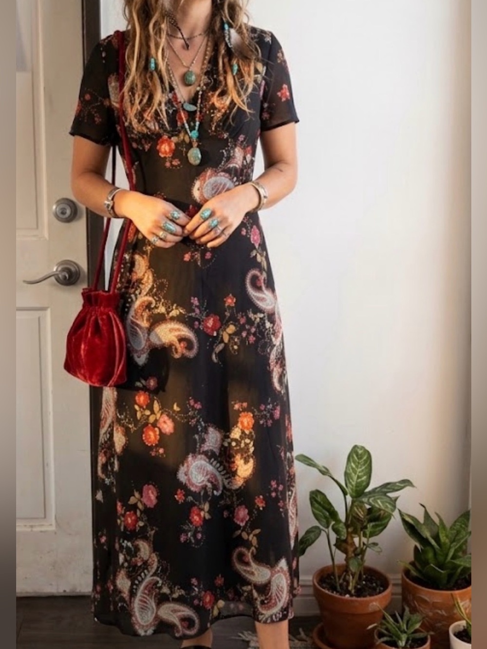 Vintage Black Paisley Floral V-Neck Maxi Dress